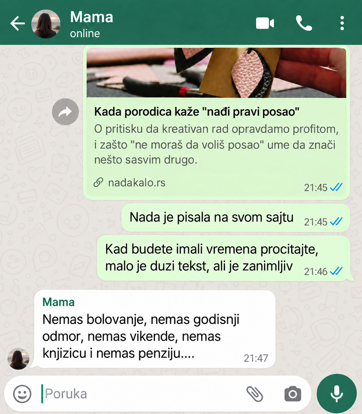 Poruka roditelja na WhatsApp-u kao primer odgovora na deljeni sadržaj